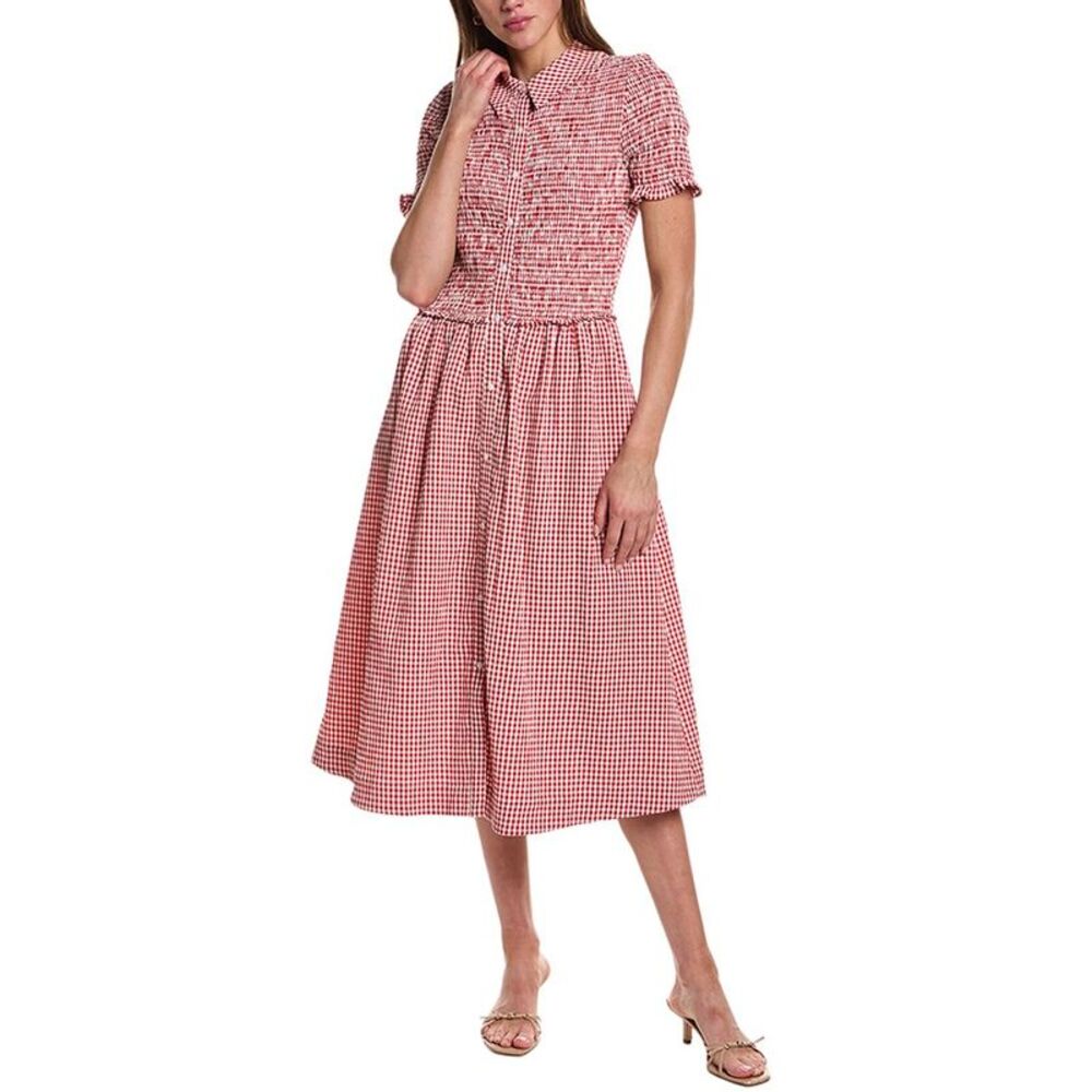 Design History Womens  Smocked Gingham Midi Dress, Red